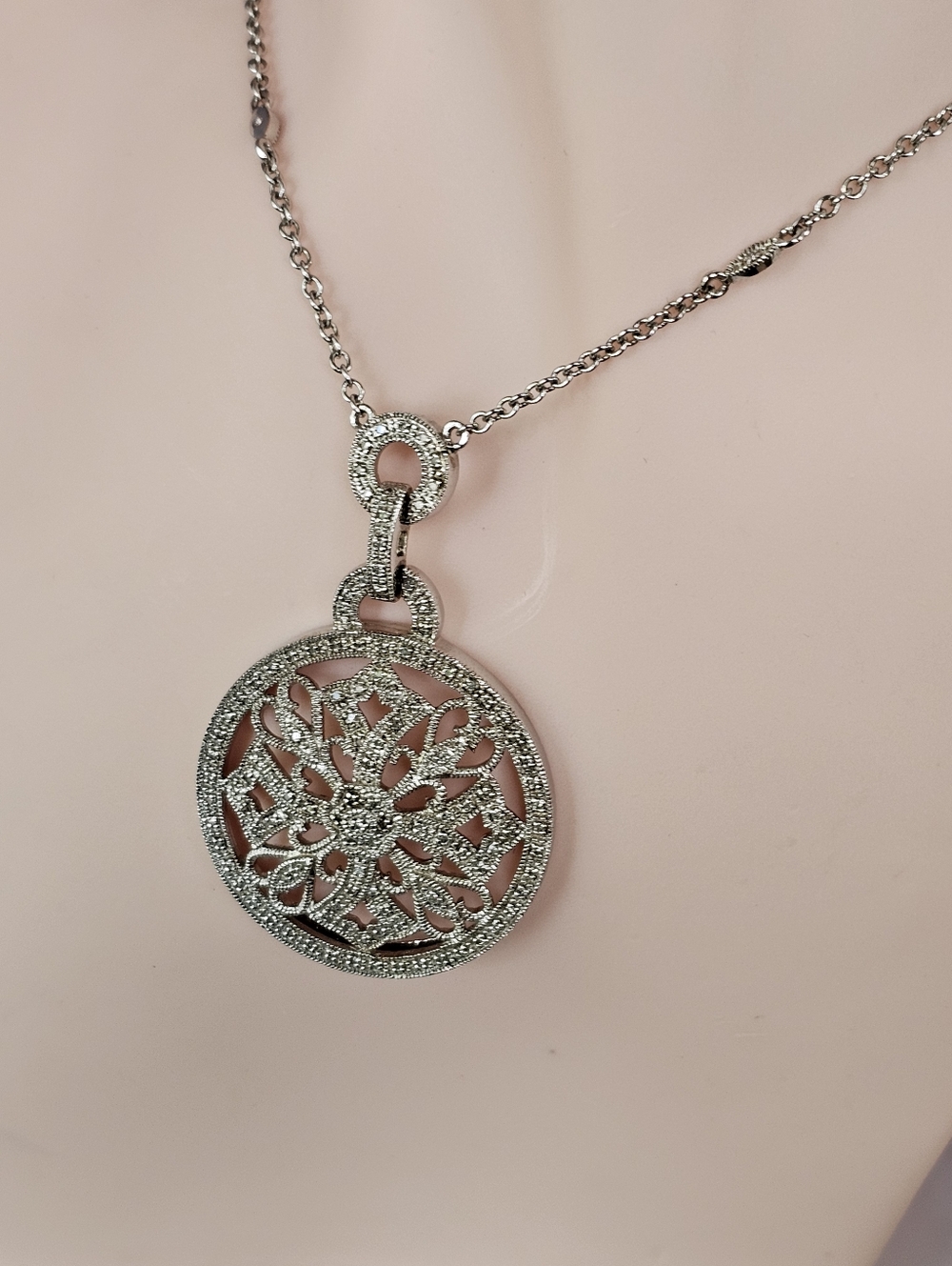 Vintage Art Deco Diamond Medallion Necklace Sterling Silver Necklace 17"